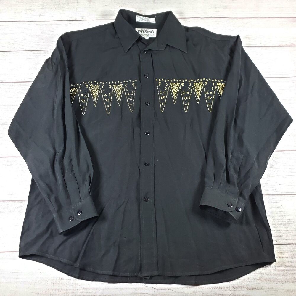 Vintage PASHA Styled In Italy Mens Size M Long Sleeve Button Up Shirt Black